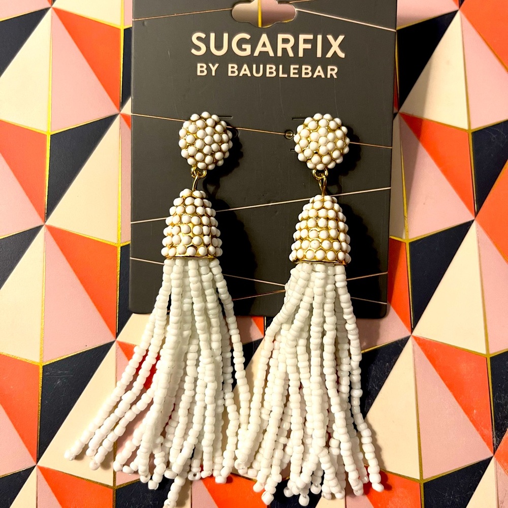 NWT Sugarfix by BaubleBar White Polished Beaded Tassel Earrings